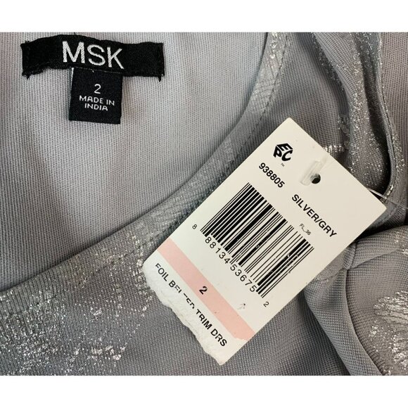 MSK Shift Dress Size 2 Silver Gray Floral Sleeveless Foil Belted Trim Women New - Picture 8 of 11